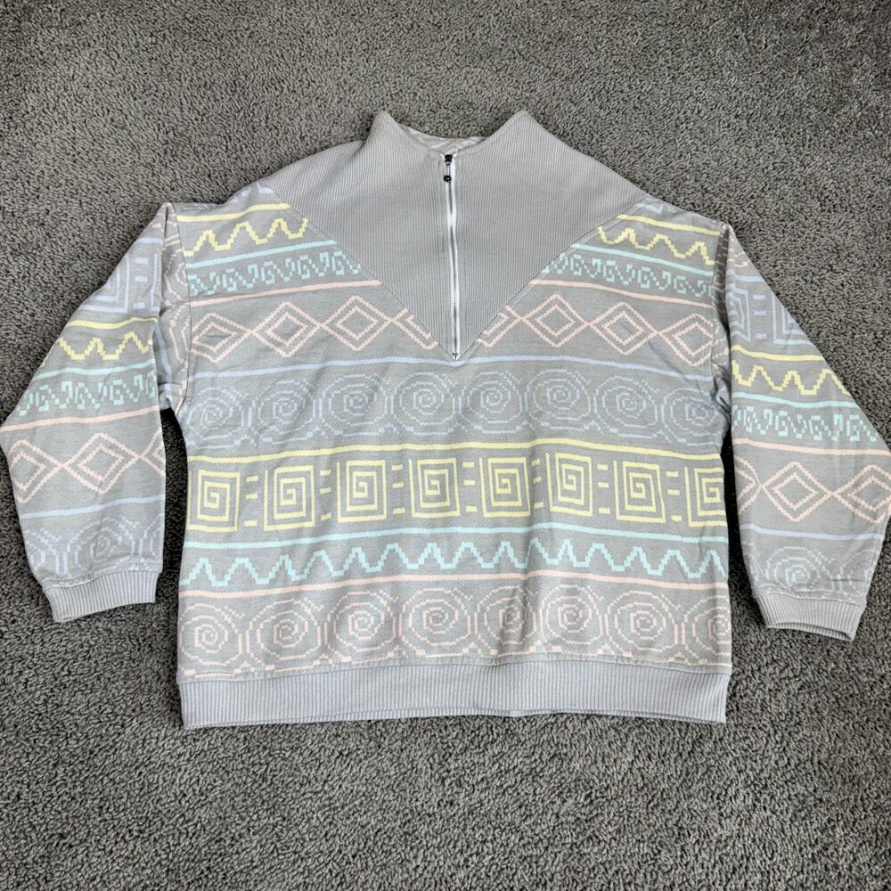Vintage Tom Boy Sweater Womens Large Gray Pastel Aztec Half Zip 80s 90s